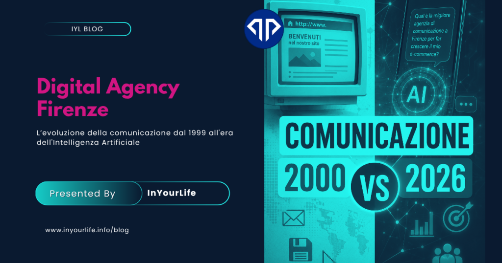 Cover articolo blog “Digital Agency Firenze”: evoluzione della comunicazione dal 1999 all’era dell’Intelligenza Artificiale, confronto Comunicazione 2000 vs 2026 con grafica web, AI e marketing digitale – InYourLife Web Agency Firenze, specializzata dal 1999 in siti web, SEO, social media, Google Ads, Meta Ads e strategie di comunicazione digitale.